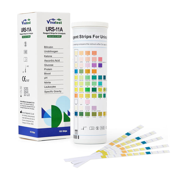 VivaTest 11-in-1 urine test strips, bottle and colour chart