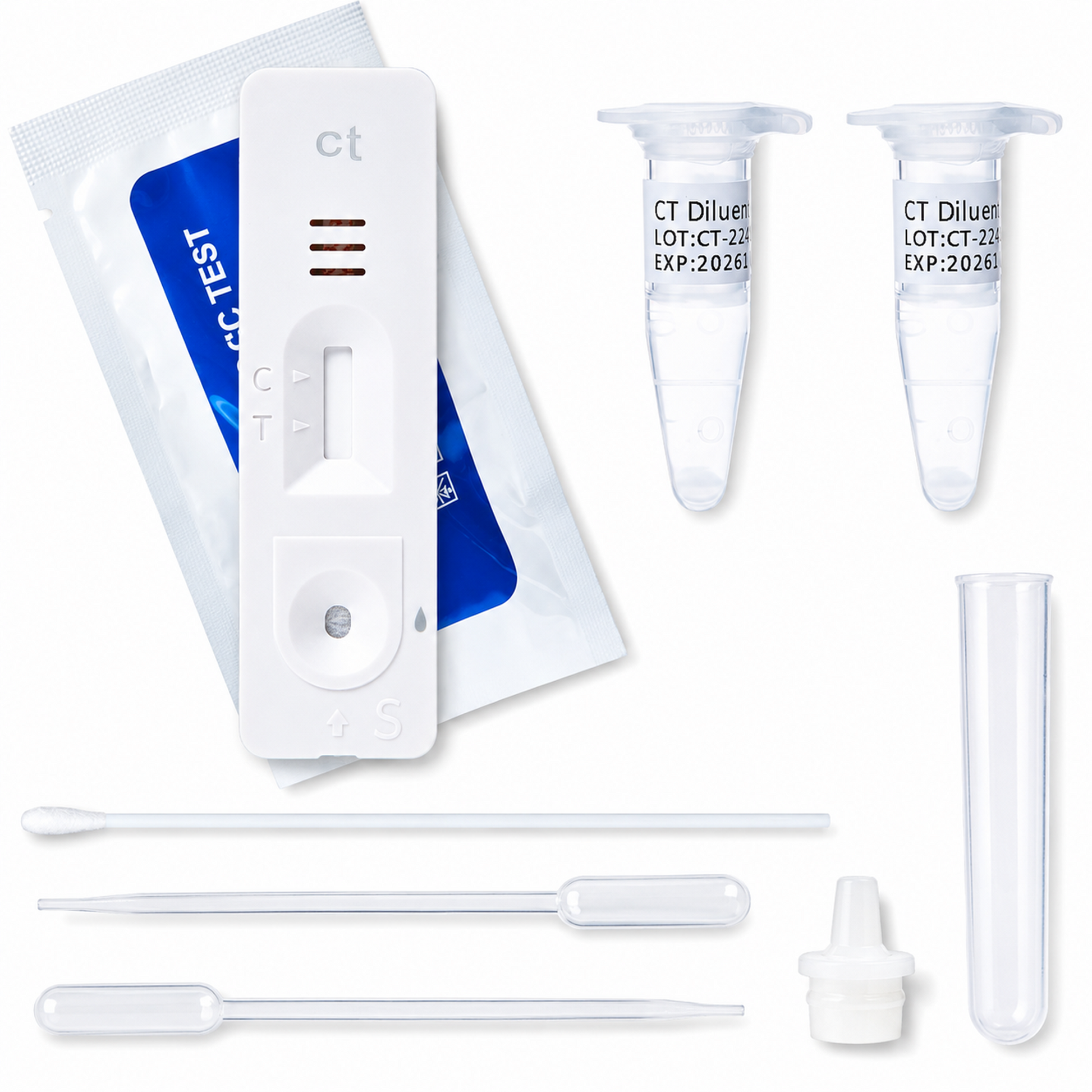At-home VivaTest Chlamydia test kit with cassette, swab, pipette, diluent tubes and sample collection accessories