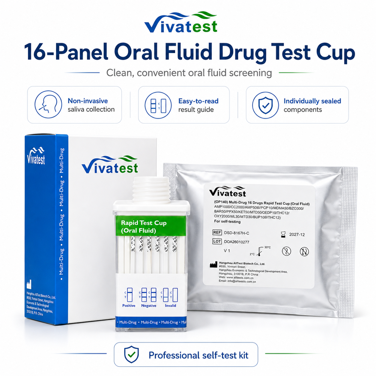VivaTest oral fluid drug test instruction sheet with cut off levels and usage guidance