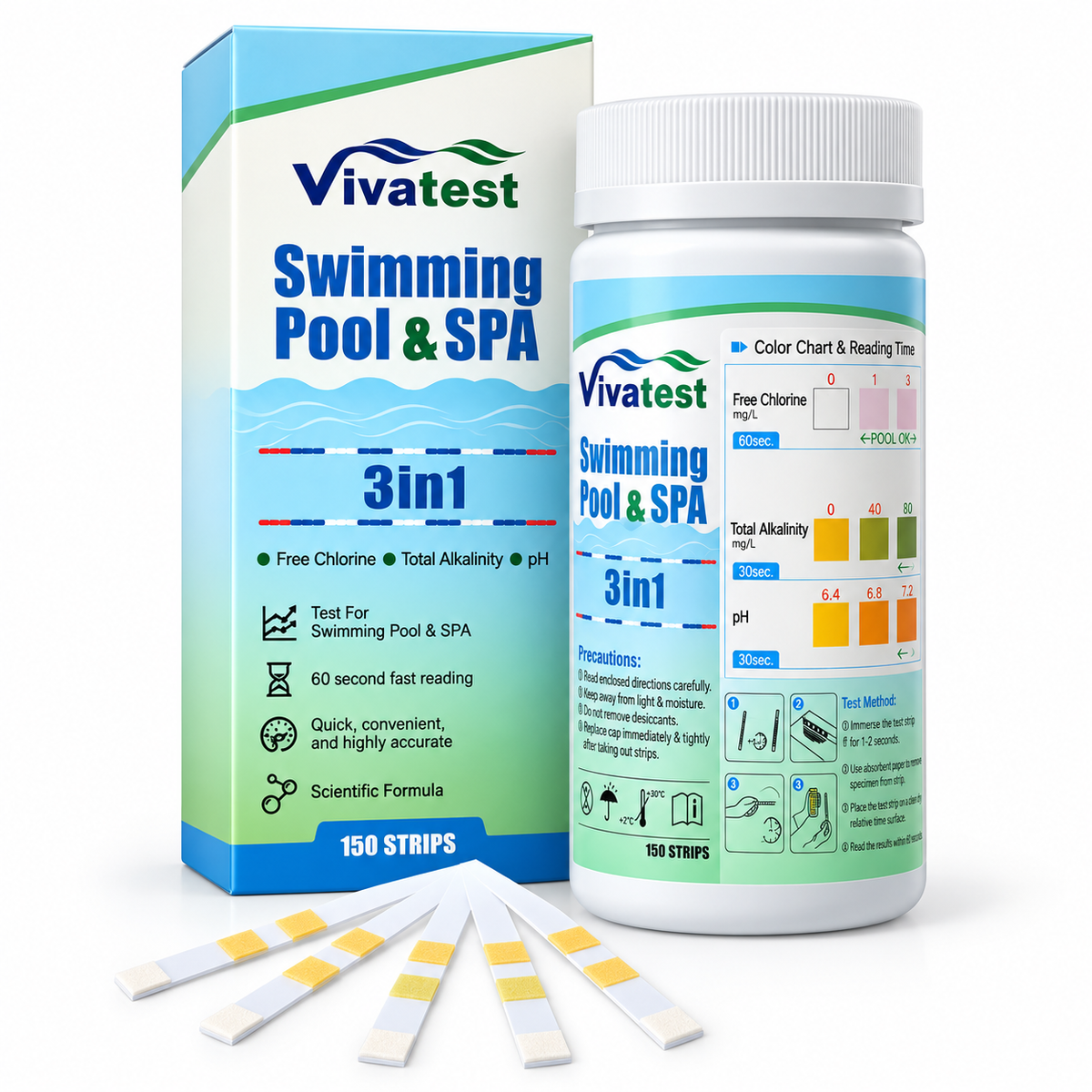 VivaTest 3-in-1 pool and spa water test kit with 150 test strips