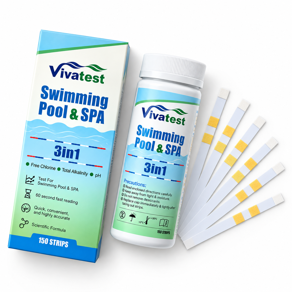 VivaTest pool and spa water test kit with bottle, box and test strips