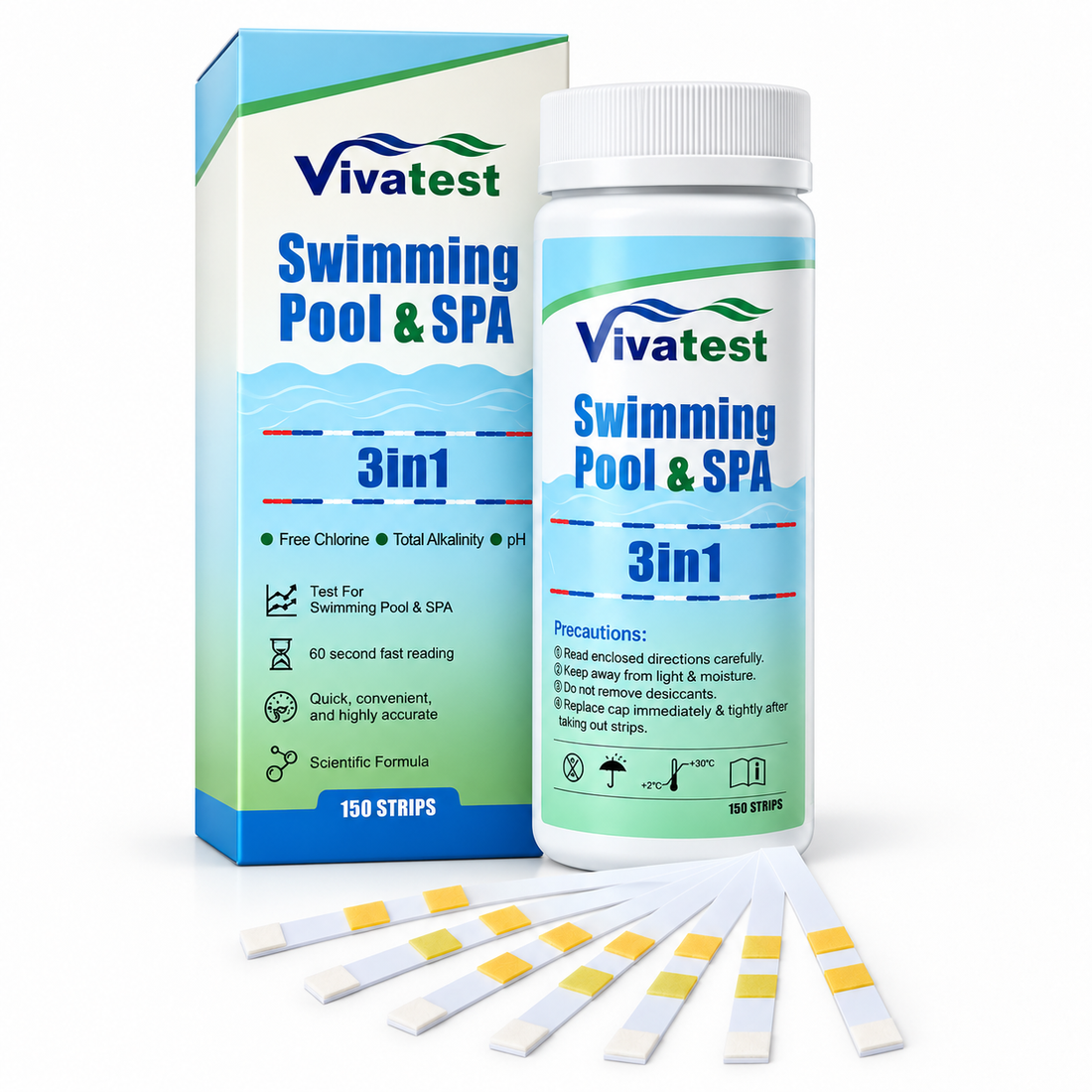 VivaTest 3-in-1 swimming pool and spa test strips 150 pack with bottle, box and test strips