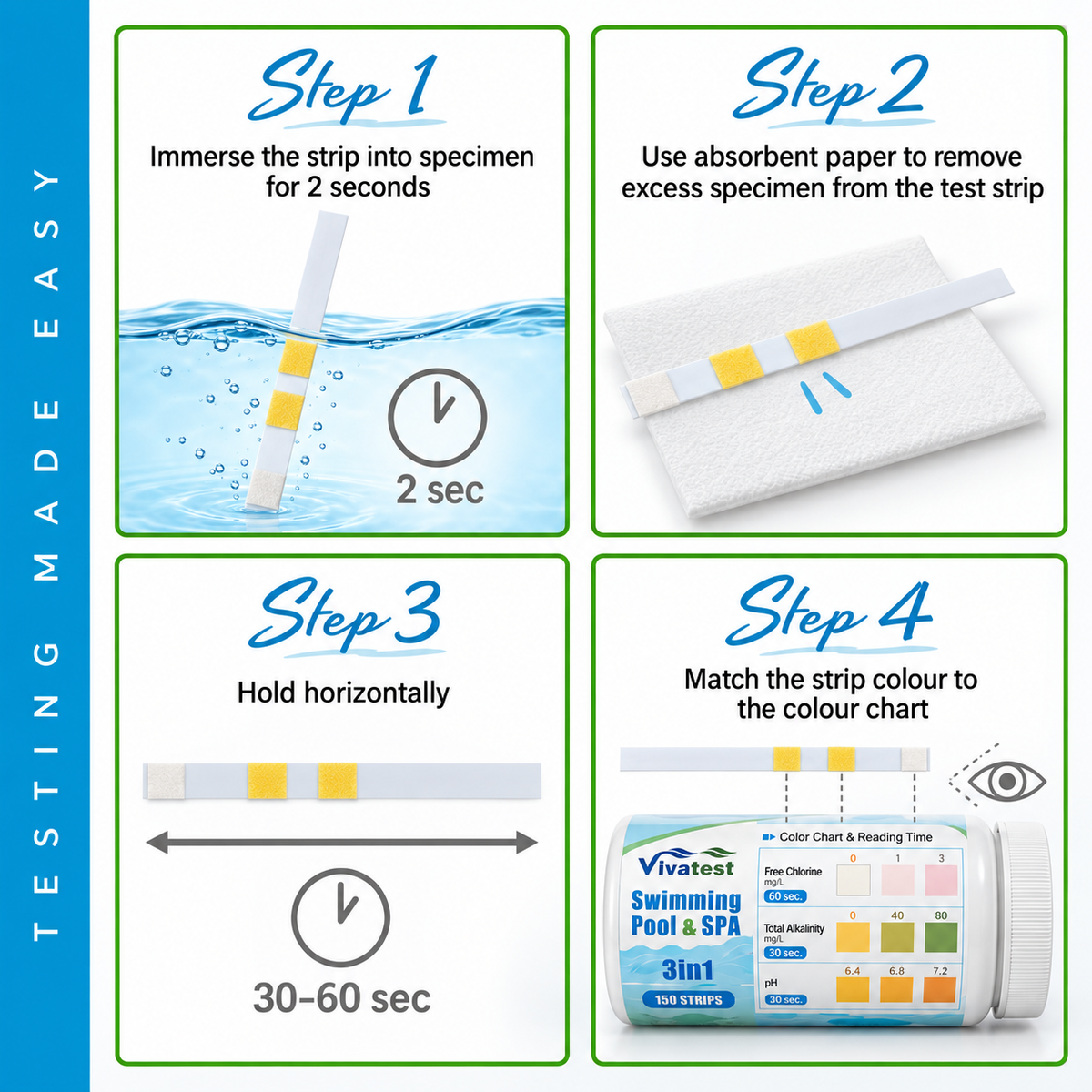 How to use VivaTest swimming pool and spa 3-in-1 test strips step-by-step guide