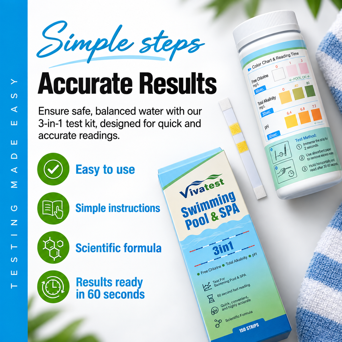 VivaTest 3-in-1 pool test strips for chlorine, total alkalinity and pH
