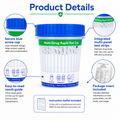 Multi-drug rapid test cup with features highlighted on a white background