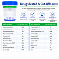 Multi-drug rapid test cup with a chart of drugs tested and cut-off levels on a white background.