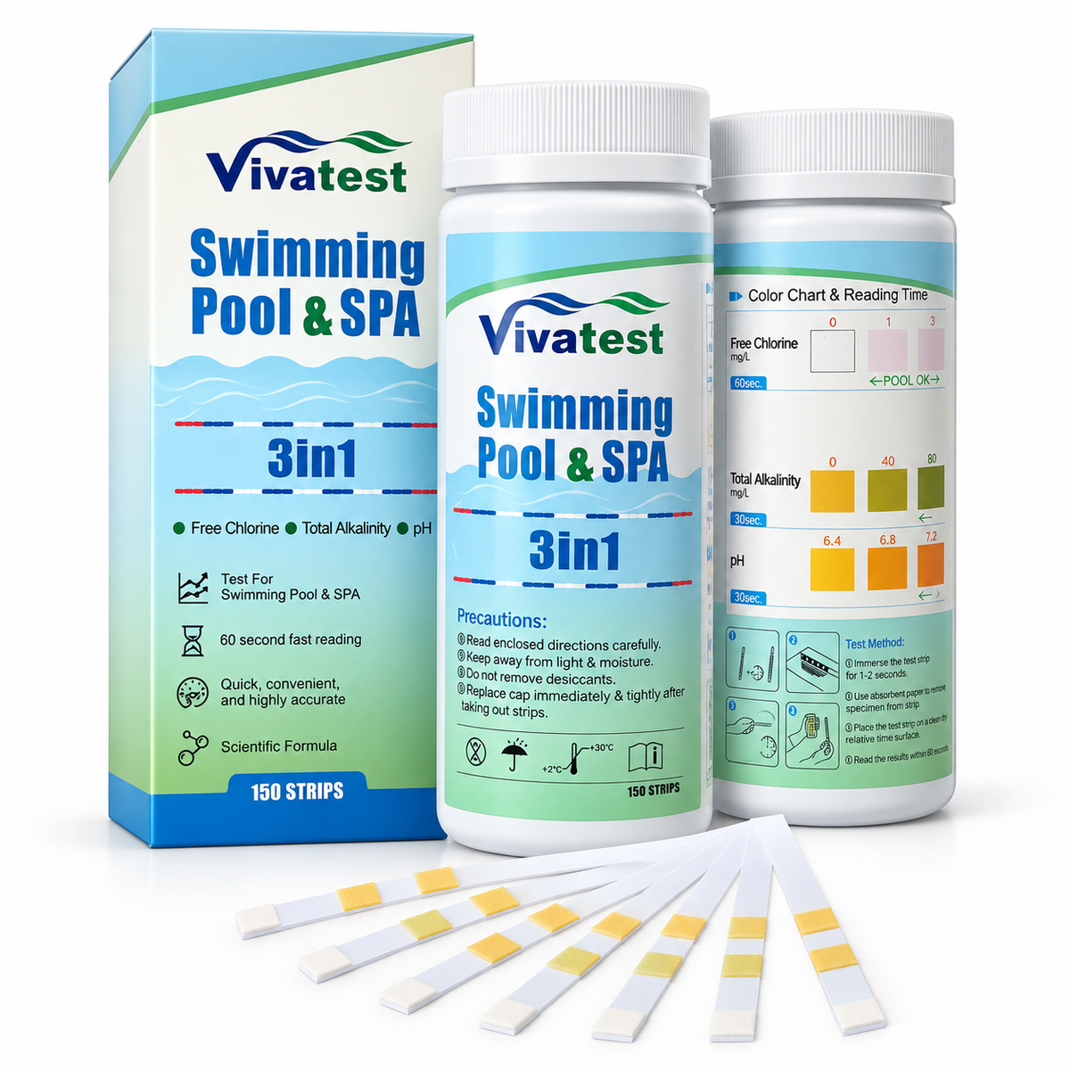 VivaTest swimming pool and spa 3-in-1 test strips with bottle, box and colour chart