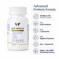 Supplement bottle labeled 'Gut Health' with features listed on a white background