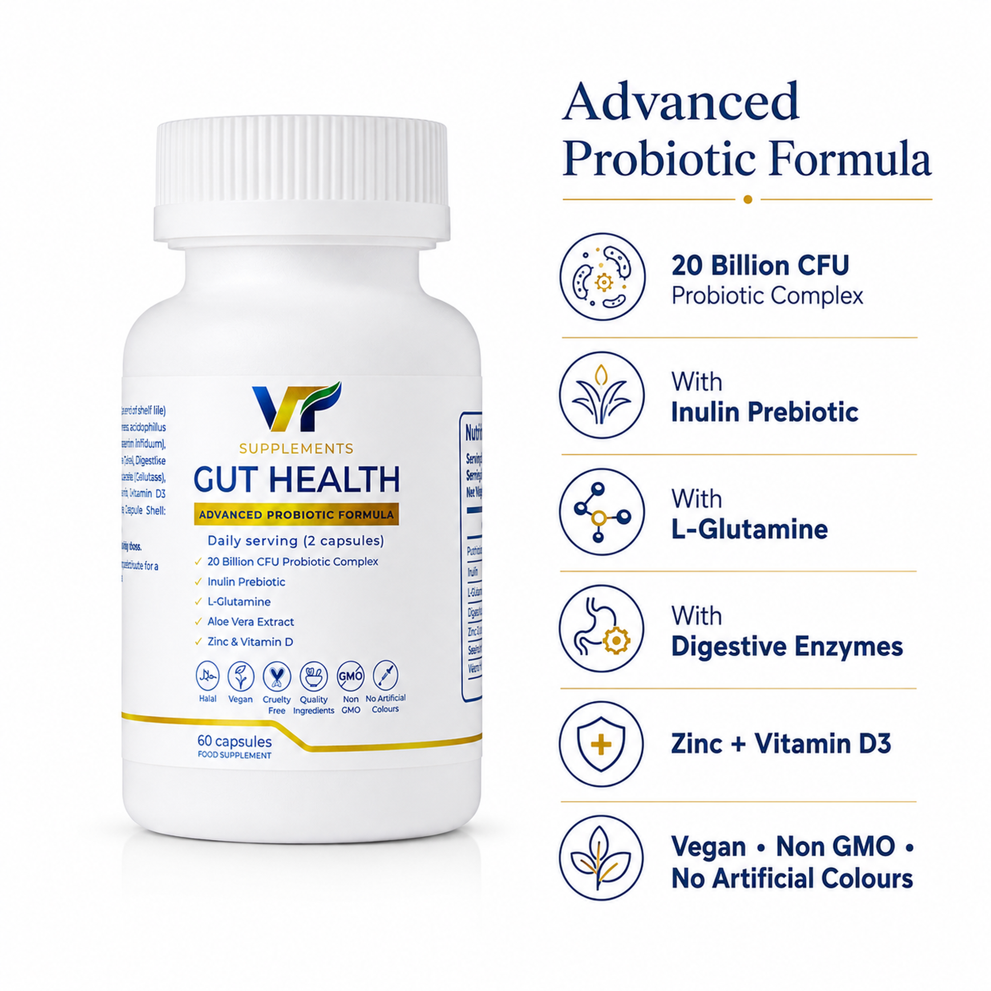 Supplement bottle labeled 'Gut Health' with features listed on a white background