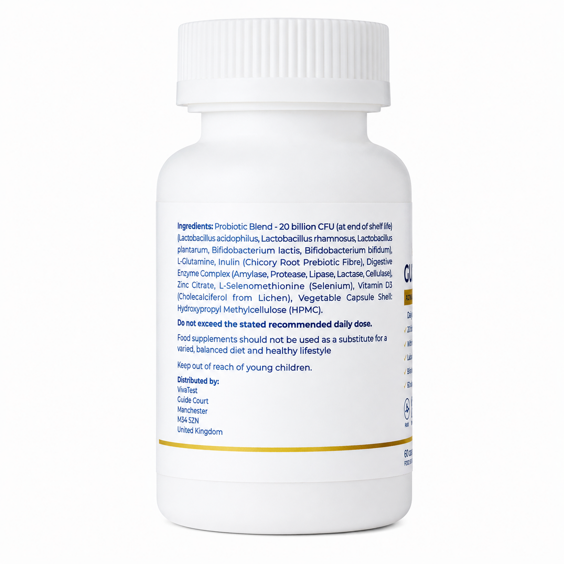 White supplement bottle with label on a white background