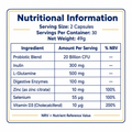 Nutritional information label for a supplement with ingredients and their amounts per serving.