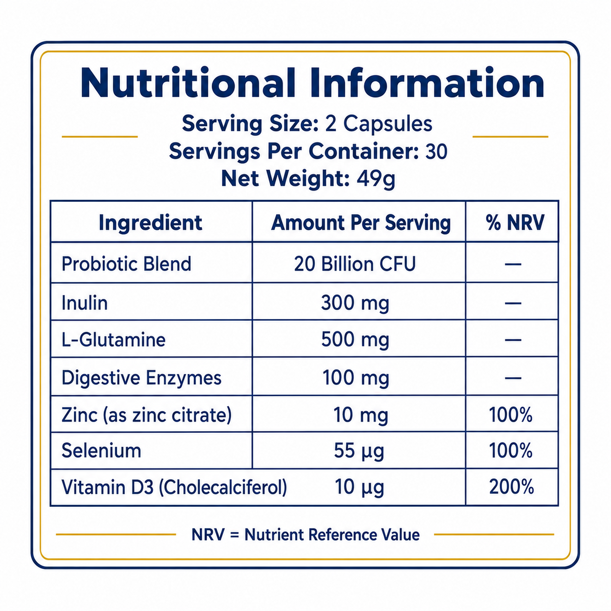 Nutritional information label for a supplement with ingredients and their amounts per serving.