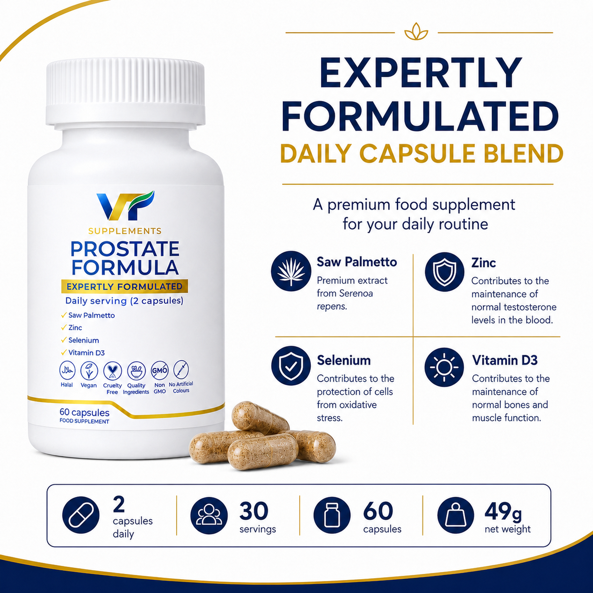 Supplement bottle labeled 'Prostate Formula' with capsules on a white background