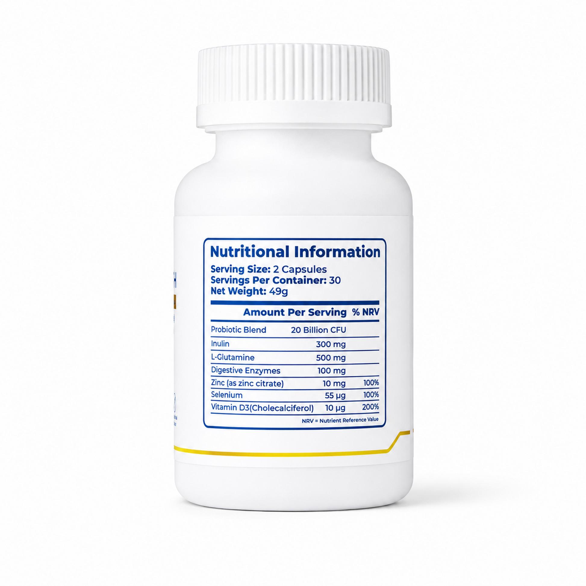 Gut Health supplement nutritional information with probiotic blend inulin L-glutamine digestive enzymes zinc selenium vitamin D3
