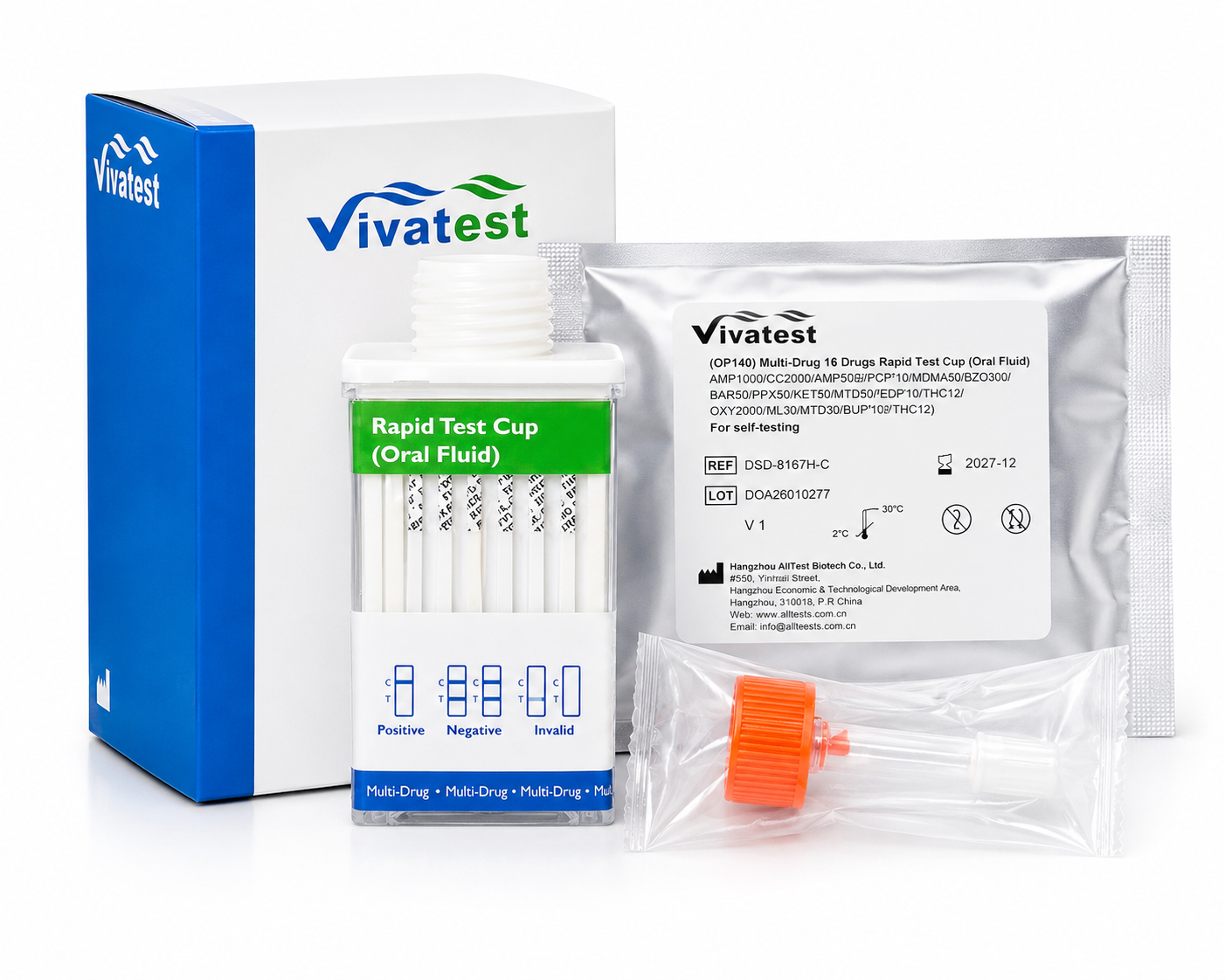 VivaTest oral fluid drug test cup for THC cocaine ketamine fentanyl benzos and opiates