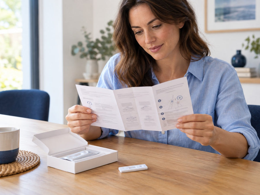Person reading the instruction leaflet beside an open test kit