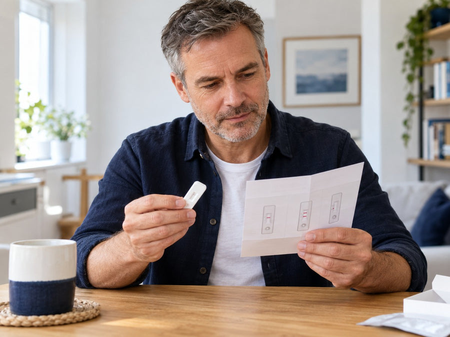 Person comparing a test device with its printed result guide